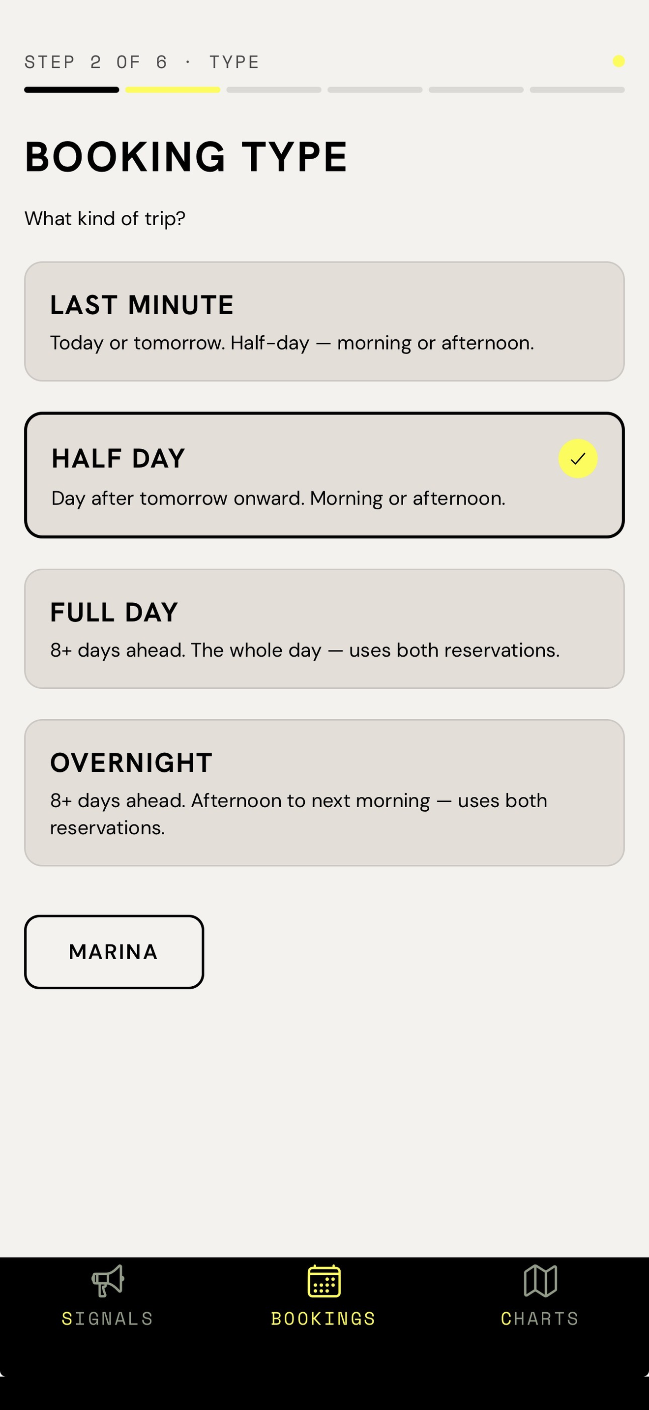 Booking screen - calendar / boat availability