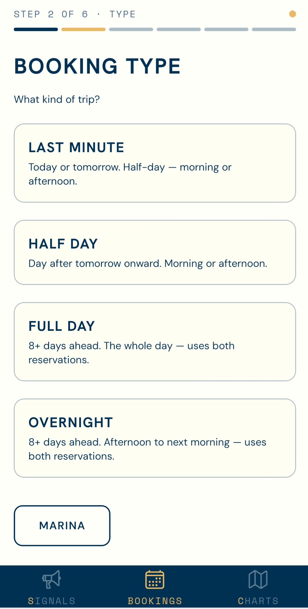Booking screen - calendar / boat availability
